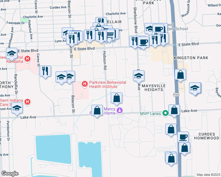 map of restaurants, bars, coffee shops, grocery stores, and more near 1688-1926 Hobson Rd in Fort Wayne