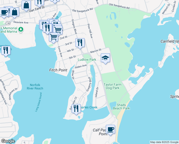 map of restaurants, bars, coffee shops, grocery stores, and more near 142 Gregory Boulevard in Norwalk