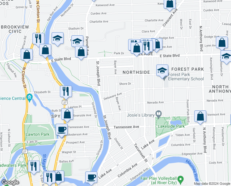 map of restaurants, bars, coffee shops, grocery stores, and more near 925 Delaware Avenue in Fort Wayne