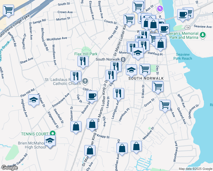 map of restaurants, bars, coffee shops, grocery stores, and more near 58 Lowe Street in Norwalk