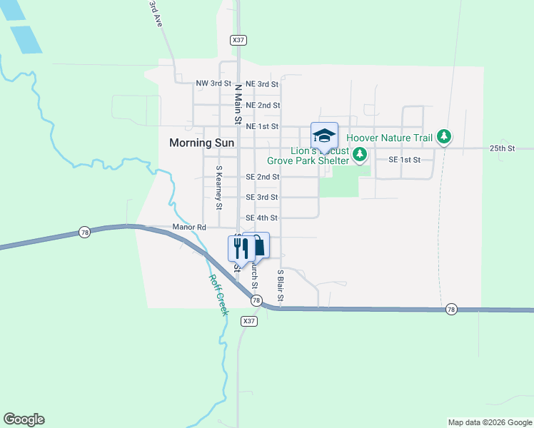 map of restaurants, bars, coffee shops, grocery stores, and more near 101 Southeast 4th Street in Morning Sun