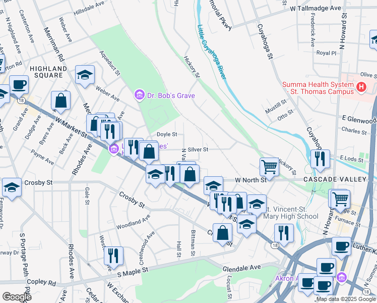 map of restaurants, bars, coffee shops, grocery stores, and more near 344 Silver Street in Akron