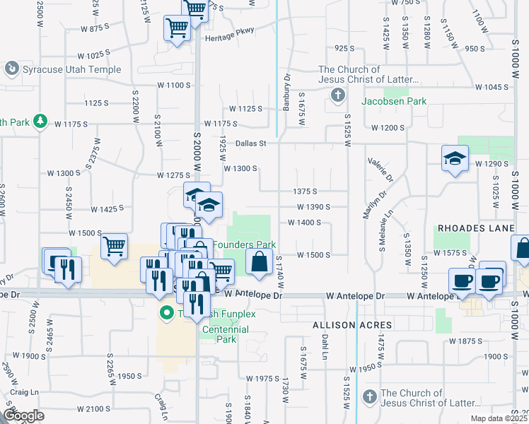 map of restaurants, bars, coffee shops, grocery stores, and more near 1795 West 1390 South in Syracuse