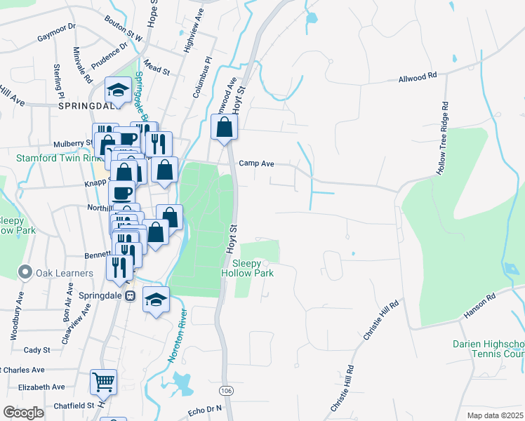 map of restaurants, bars, coffee shops, grocery stores, and more near 34 Stephanie Lane in Darien