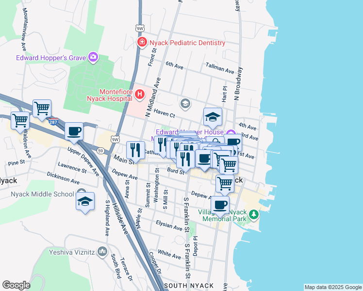 map of restaurants, bars, coffee shops, grocery stores, and more near 145 High Avenue in Nyack