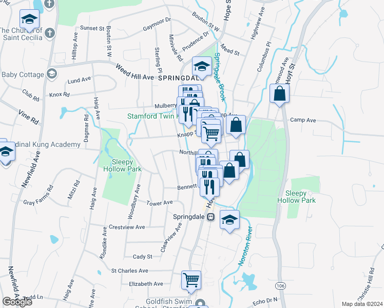 map of restaurants, bars, coffee shops, grocery stores, and more near 24 Northill Street in Stamford