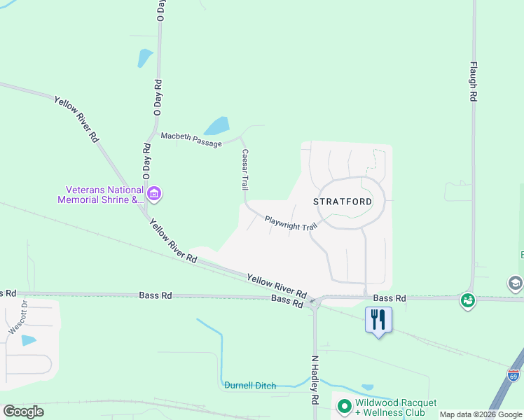 map of restaurants, bars, coffee shops, grocery stores, and more near 7516 Playwright Trail in Fort Wayne