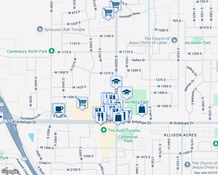 map of restaurants, bars, coffee shops, grocery stores, and more near 1450 South 2000 West in Syracuse