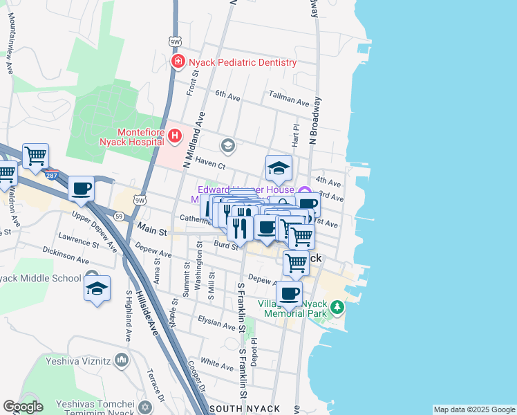 map of restaurants, bars, coffee shops, grocery stores, and more near 50 North Franklin Street in Nyack