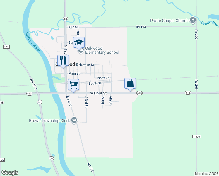 map of restaurants, bars, coffee shops, grocery stores, and more near 600 Walnut Street in Oakwood