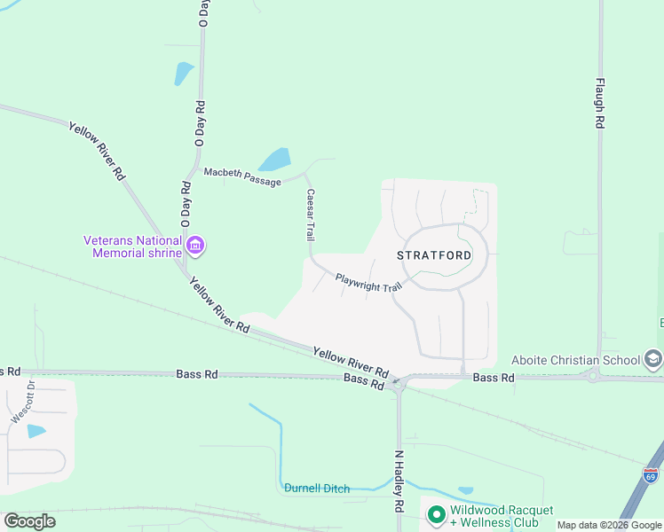 map of restaurants, bars, coffee shops, grocery stores, and more near 1844 Playwright Trail in Fort Wayne