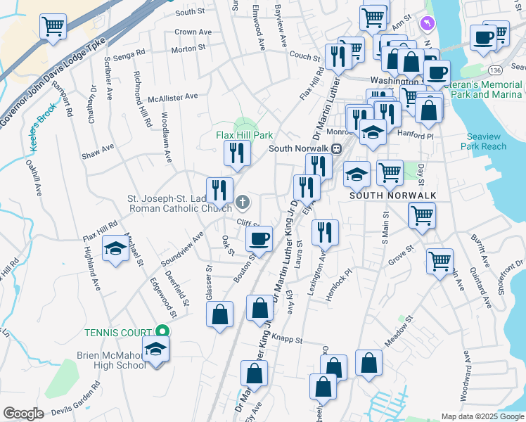 map of restaurants, bars, coffee shops, grocery stores, and more near 7 Paradiso Street in Norwalk
