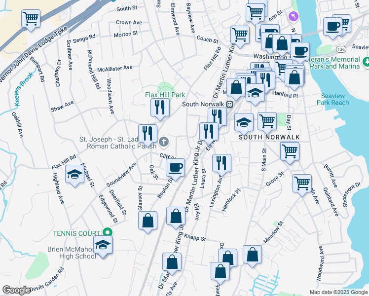 map of restaurants, bars, coffee shops, grocery stores, and more near 7 Paradiso Street in Norwalk