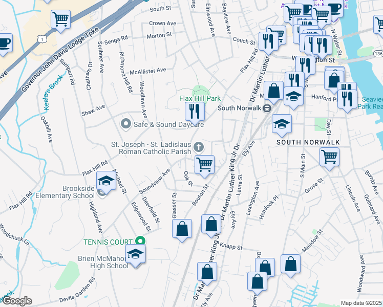 map of restaurants, bars, coffee shops, grocery stores, and more near 2 Ridge Street in Norwalk