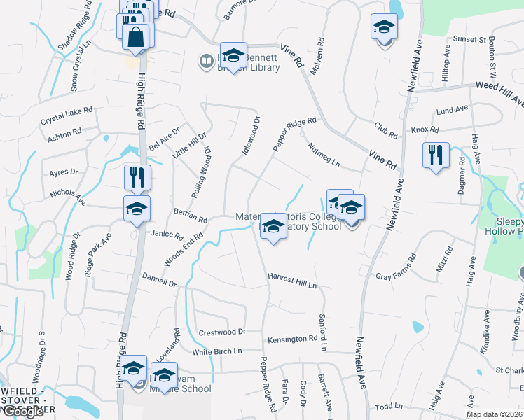 map of restaurants, bars, coffee shops, grocery stores, and more near 115 Berrian Road in Stamford
