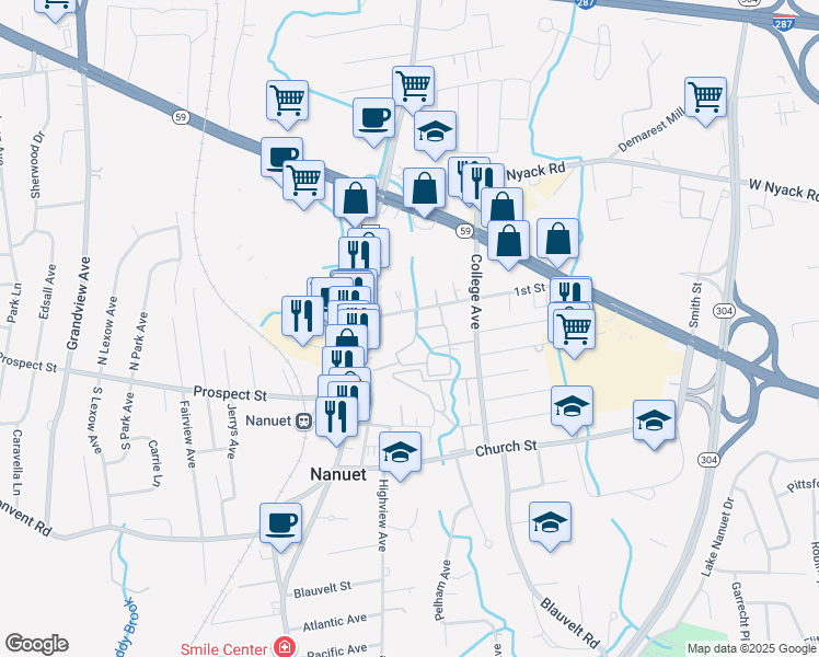 map of restaurants, bars, coffee shops, grocery stores, and more near 356 Normandy Village in Nanuet