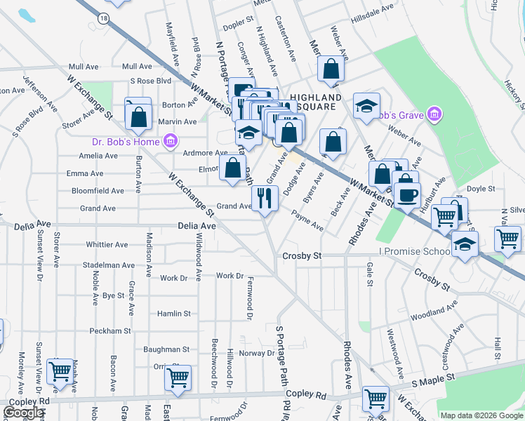 map of restaurants, bars, coffee shops, grocery stores, and more near 117 Dodge Avenue in Akron