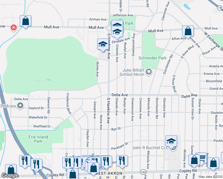 map of restaurants, bars, coffee shops, grocery stores, and more near 1445 Delia Avenue in Akron