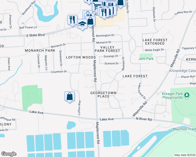 map of restaurants, bars, coffee shops, grocery stores, and more near 1421 Faulkner Court in Fort Wayne