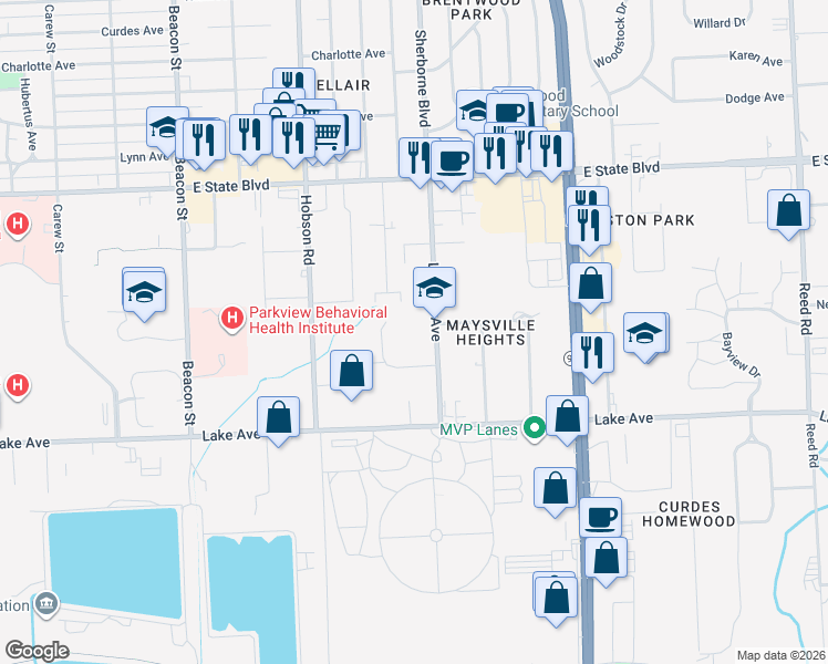 map of restaurants, bars, coffee shops, grocery stores, and more near 1801 Laverne Avenue in Fort Wayne
