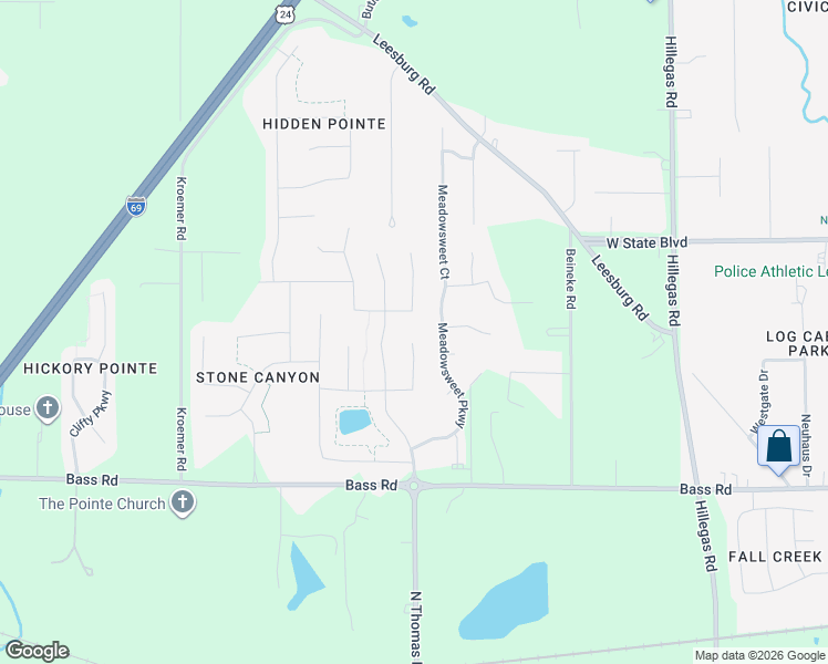 map of restaurants, bars, coffee shops, grocery stores, and more near 2019 Meadowsweet Parkway in Fort Wayne