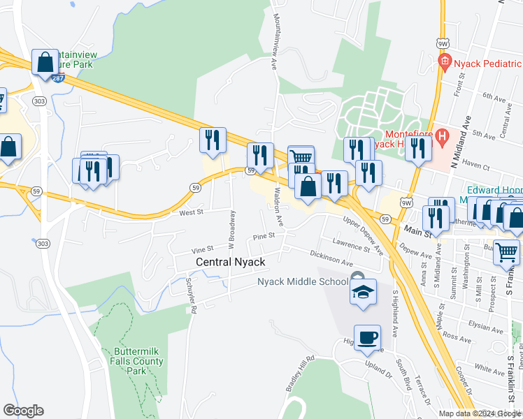map of restaurants, bars, coffee shops, grocery stores, and more near 84 Highview Court in Nyack