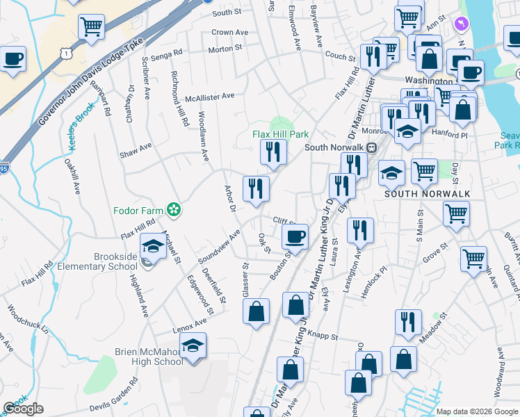 map of restaurants, bars, coffee shops, grocery stores, and more near 26 Soundview Avenue in Norwalk