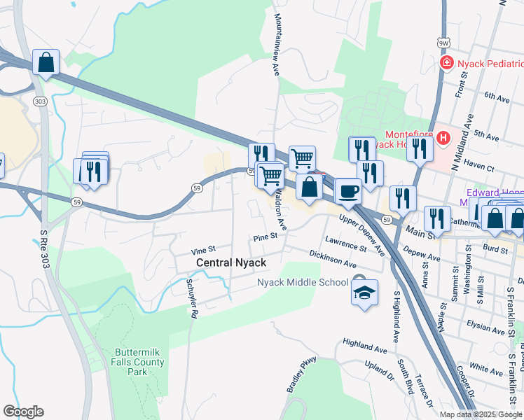 map of restaurants, bars, coffee shops, grocery stores, and more near Highview Court in Nyack