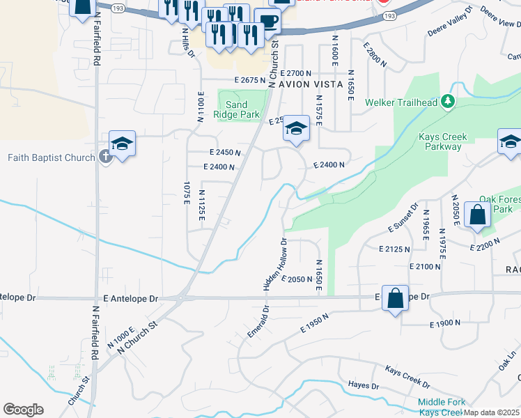 map of restaurants, bars, coffee shops, grocery stores, and more near 2300 North 1400 East in Layton