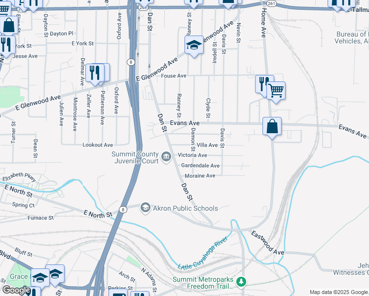 map of restaurants, bars, coffee shops, grocery stores, and more near 586 Villa Avenue in Akron