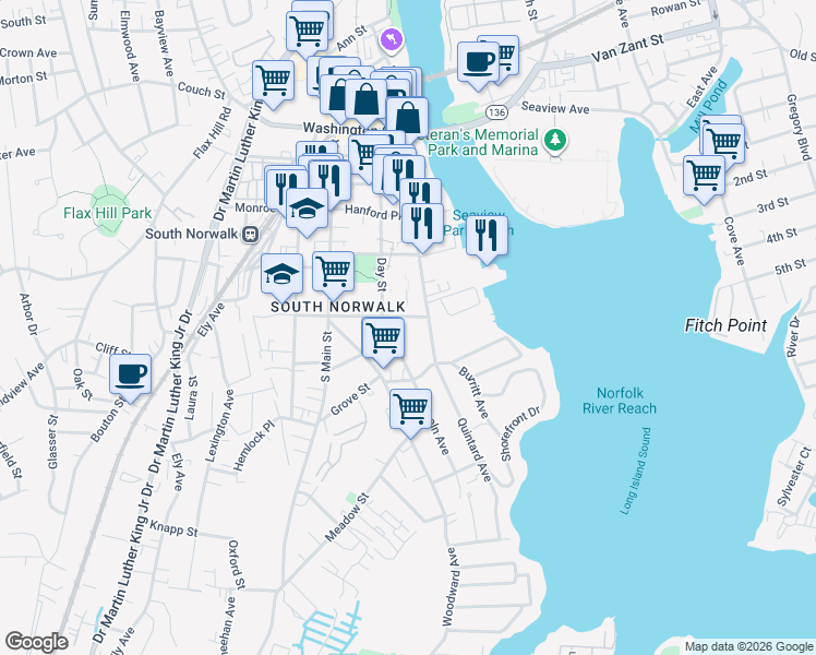 map of restaurants, bars, coffee shops, grocery stores, and more near 149 Water Street in Norwalk