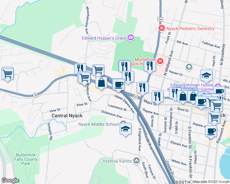 map of restaurants, bars, coffee shops, grocery stores, and more near 274 Upper Depew Avenue in Nyack