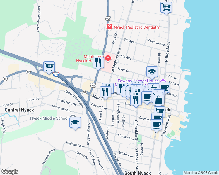 map of restaurants, bars, coffee shops, grocery stores, and more near 43 North Midland Avenue in Nyack