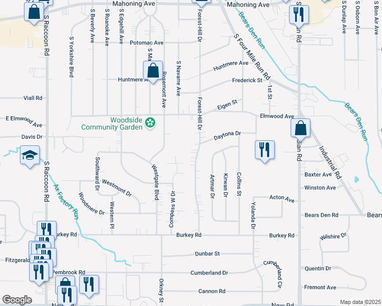 map of restaurants, bars, coffee shops, grocery stores, and more near 439 Forest-Hill Drive in Youngstown