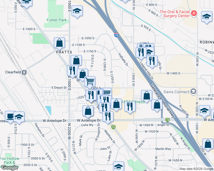 map of restaurants, bars, coffee shops, grocery stores, and more near 1198 East 1450 South in Clearfield