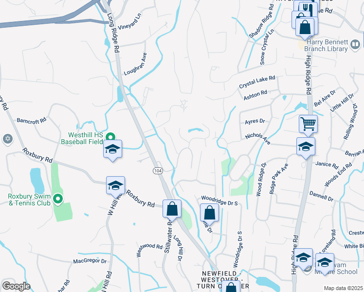 map of restaurants, bars, coffee shops, grocery stores, and more near 63 Castle Hill Drive in Stamford