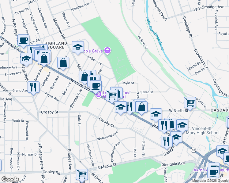 map of restaurants, bars, coffee shops, grocery stores, and more near 14 Stewart Way in Akron
