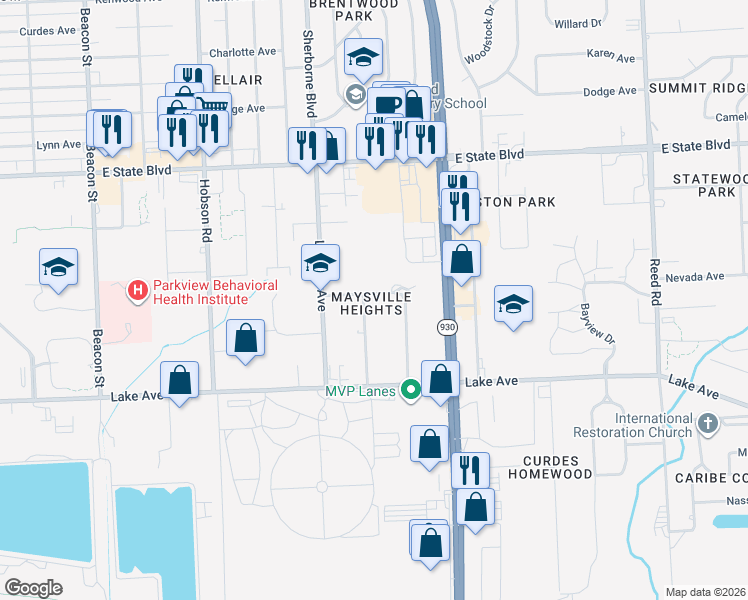map of restaurants, bars, coffee shops, grocery stores, and more near 1715 Stanley Avenue in Fort Wayne