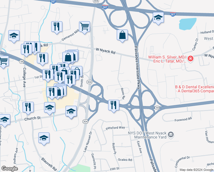 map of restaurants, bars, coffee shops, grocery stores, and more near 99 Pipers Glen in West Nyack