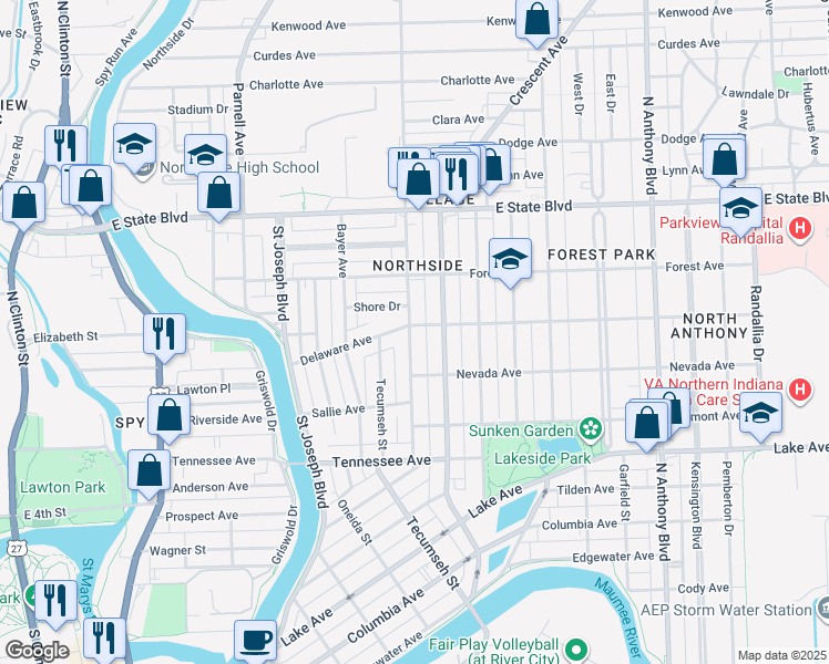 map of restaurants, bars, coffee shops, grocery stores, and more near 1819 Kentucky Avenue in Fort Wayne