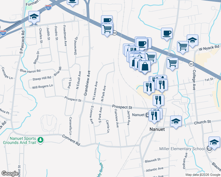 map of restaurants, bars, coffee shops, grocery stores, and more near 17 Fairview Avenue North in Nanuet