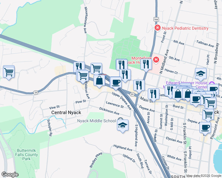 map of restaurants, bars, coffee shops, grocery stores, and more near 25 New York 59 in Nyack