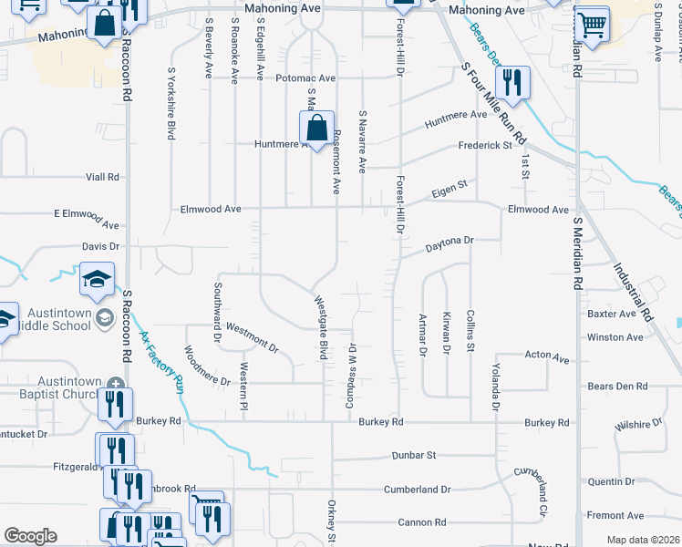 map of restaurants, bars, coffee shops, grocery stores, and more near 474 Westgate Boulevard in Youngstown