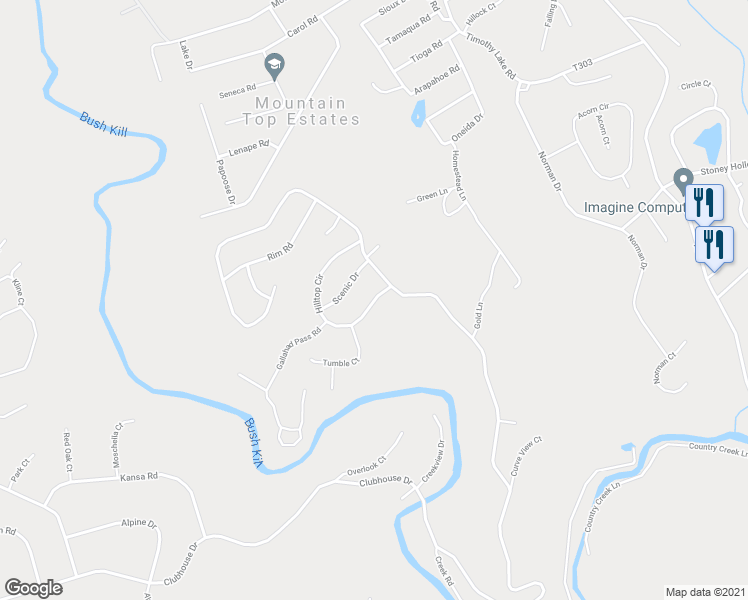 map of restaurants, bars, coffee shops, grocery stores, and more near 23 Hilltop Circle in East Stroudsburg