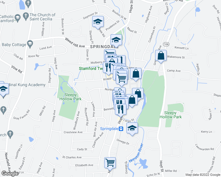 map of restaurants, bars, coffee shops, grocery stores, and more near 249 Knickerbocker Avenue in Stamford