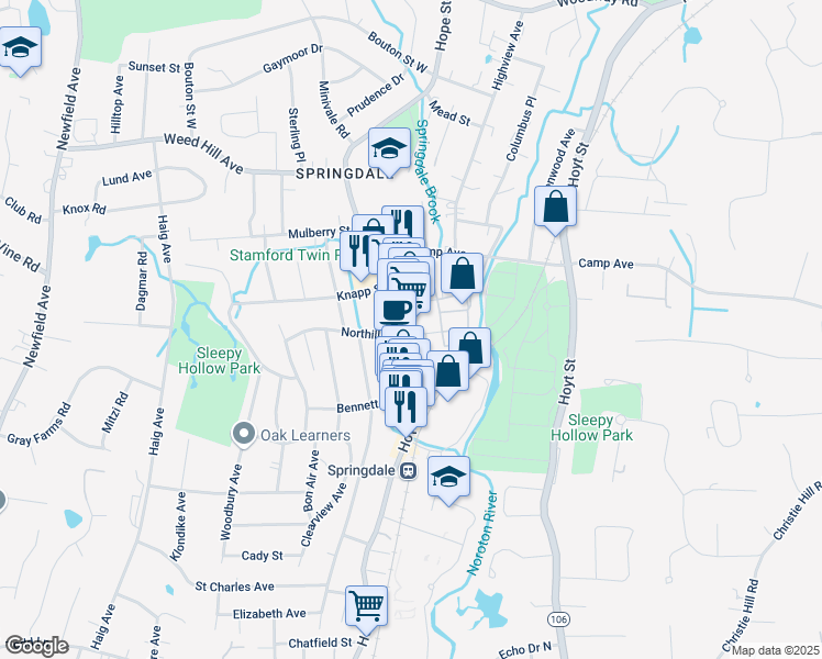 map of restaurants, bars, coffee shops, grocery stores, and more near 1005 Hope Street in Stamford