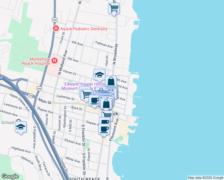 map of restaurants, bars, coffee shops, grocery stores, and more near North Broadway Avenue & 2nd Avenue in Nyack