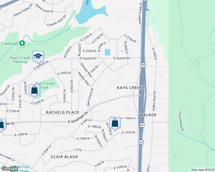 map of restaurants, bars, coffee shops, grocery stores, and more near 2563 East 2250 North in Layton