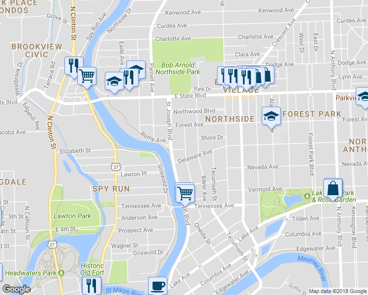 map of restaurants, bars, coffee shops, grocery stores, and more near 1901 Hillside Avenue in Fort Wayne
