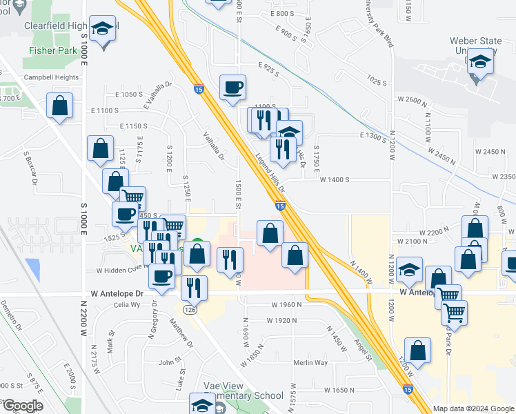 map of restaurants, bars, coffee shops, grocery stores, and more near 2250 North 1700 West in Layton